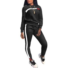 KANSOON Women Stripe Patchwork Two Piece Sweatsuit Round Neck Pullover and Skinny Long Pants Sets