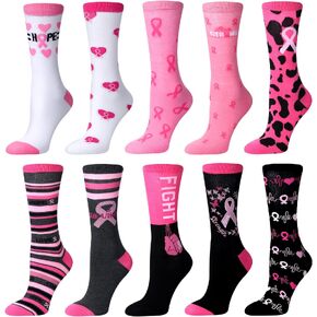 Vicenpal 10 Pairs Breast Cancer Awareness Pink Ribbon Crew Socks for Women, Pink Ribbon Sports Socks for Cancer Gifts in Kuwait