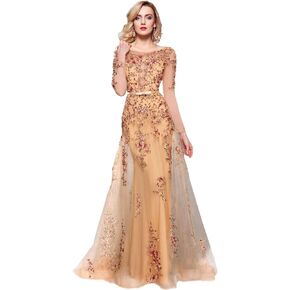 Meier Women's Illusion Long Sleeve Embroidery Prom Formal Dress