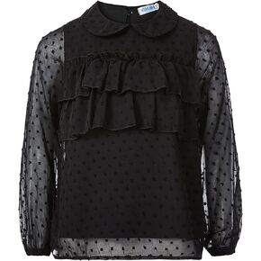 Kukume Little Girls Chiffon Swiss Dot Blouses Kids Long Sleeve Shirt Peter Pan Ruffle Neck Tank Tops for 3-12 Years