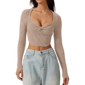QNSEN Women's Long Sleeve Crop Top Sweaters Cozy Ribbed Knit Going Out Pullover T Shirts