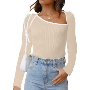 قمصان LOLONG النسائية الخريفية بأكمام طويلة ومتماسكة ومضلعة، قمصان كاجوال غير متماثلة برقبة غير متماثلة، تيشيرتات in Kuwait