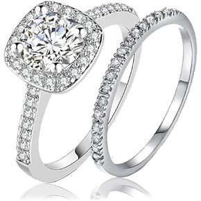 OUMIYER 925 Sterling Silver Engagement Rings for Women, 1.5 Carat Plated Cubic Zirconia Two-In-One Wedding Engagement Promise Eternity Ring Set Size 5-11 Valentines Day Gifts for Her/Him in Kuwait