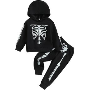 JeuaPho Kids Halloween Outfit Two Piece Pant Set Pumpkin/Skeleton Print Long Sleeve Hood Sweatshirt Long Pants 2Pcs Set in Saudi Arabia