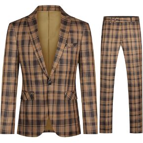 YFFUSHI Mens Slim Fit Suits 2 Piece Plaid Button Casual Formal Blazer Pants Set
