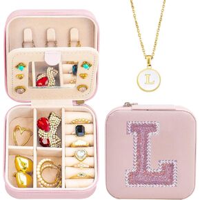 Personalized Jewelry Box for Girls| Travel Initial Jewelry Box for Girls| Small Jewelry Holder Organizer| Mini Travel Jewelry Box| Gold Letter Necklace Jewelry Box Organizer, S-Pink
