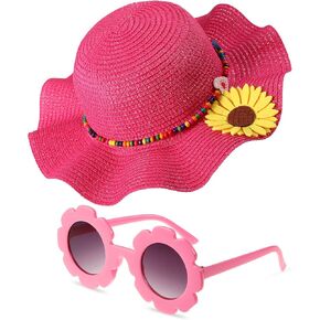 Summer Straw Hat for Girls Large Brim Sunflower Beach Hat Cute Flower Sun Hat with Flower Round Sunglasses (Rose Red, Pink) in Kuwait