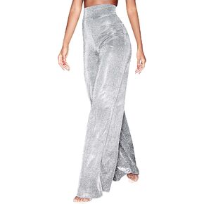Women's Sexy High Waist Wide Leg Palazzo Lounge Pants Metallic Glitter Bell Bottoms Trousers Rave Party