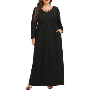 Pinup Fashion Women's Plus Size Long Sleeve Casual Maxi Dresses Long Soft with Pockets