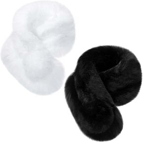 Mepase 2 Pieces Faux Fur Collar Scarf for Women Winter Faux Fur Scarves Neck Shrug Soft Fluffy Scarf Furry Neck Wrap with Pom for Coat Dress, Black and White