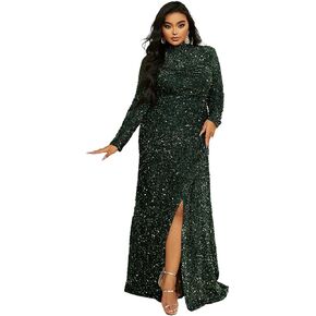 Lin Lin Q Women’s Plus Formal Turtleneck Neck Sequin Prom Maxi Gown, Bodycon Long Sleeve Split Evening Dress in Saudi Arabia