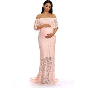 ZIUMUDY Women's Off Shoulder Ruffles Lace Maternity Gown Maxi Photography Baby Shower Dress