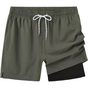 Tyhengta Mens Swim Trunks with Compression Liner 2 in 1 Quick-Dry Swimming Shorts with Zipper Pockets