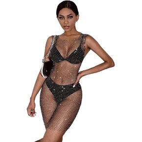 Formery Sexy Mesh Swimsuit Cover Ups Sheer Rhinestone Beach Sleeveless Coverups Fishnet Hollow Out Dress Body Chains
