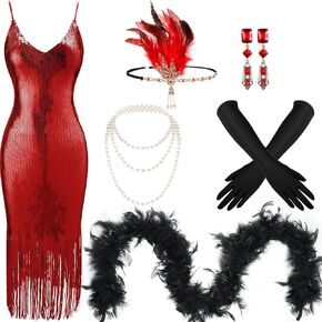 Tisancy 7 Pcs 1920s Women's Flapper Dress Sequin Dress Costume Headwear Earring Necklace Glove Stick Set and Long Feather Boa