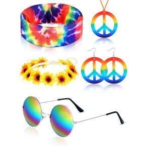 5 Pieces Hippie Costume Set Glasses Headband Peace Sign Earrings Necklaces Tie Dye Bandana Hippie Accessories for 60s 70s