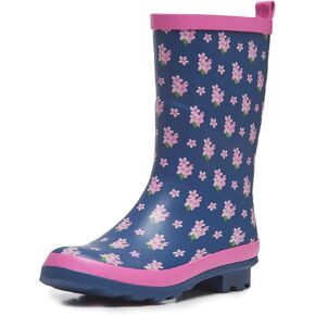 Laura Ashley Ladies High Cut Mid Calf Rubber Rain Boots, Lightweight Waterproof Booties for Women, Navy & Pink Floral, 1" Heels in Saudi Arabia