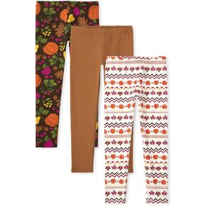 The Children's Place Girls' Fashion Leggings, Harvest Fair Isle/Brown/Fall Pumpkin 3-Pack, X-Large