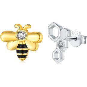 Silver Bee Honeycomb Earrings for Women - 925 Sterling Silver Yellow Gold Honeycomb Bumble Bee Jewelry for Women, Cute Animal Honey Bee with Honeycomb Stud Earrings Gifts for Girls