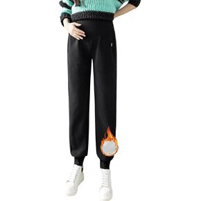 HUGYOIU Autumn Winter Over Bump Maternity Pants Pockets Fleece Lining Sweatpants for Pregnant Women in Kuwait