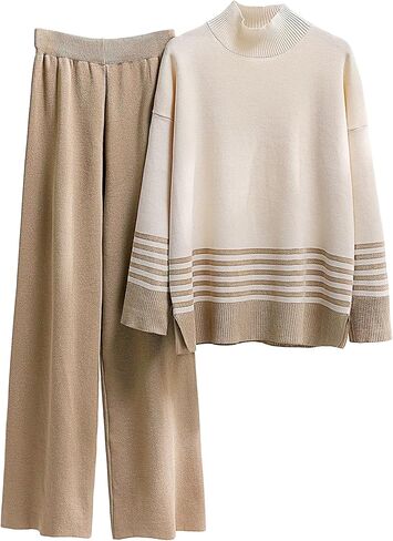 Freyhem 2 قطعة ملابس للنساء كم طويل متماسكة جردت Crewneck سترة صوفية واسعة الساق السراويل صالة مجموعة in Kuwait