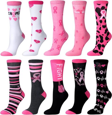 Vicenpal 10 Pairs Breast Cancer Awareness Pink Ribbon Crew Socks for Women, Pink Ribbon Sports Socks for Cancer Gifts in Kuwait