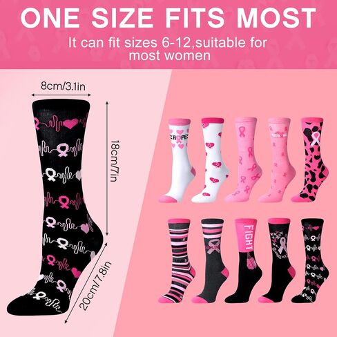 Vicenpal 10 Pairs Breast Cancer Awareness Pink Ribbon Crew Socks for Women, Pink Ribbon Sports Socks for Cancer Gifts in Kuwait