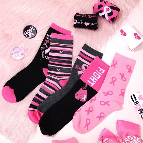 Vicenpal 10 Pairs Breast Cancer Awareness Pink Ribbon Crew Socks for Women, Pink Ribbon Sports Socks for Cancer Gifts in Kuwait