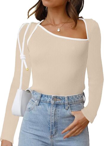 قمصان LOLONG النسائية الخريفية بأكمام طويلة ومتماسكة ومضلعة، قمصان كاجوال غير متماثلة برقبة غير متماثلة، تيشيرتات in Kuwait