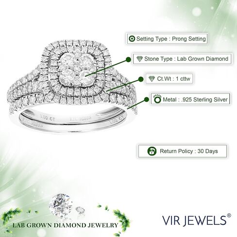 VIR JEWELS 1 cttw Wedding Engagement Ring Bridal Set, Round Lab Grown Diamond Ring for Women in .925 Sterling Silver, Prong Setting, Size 6-8 in Saudi Arabia