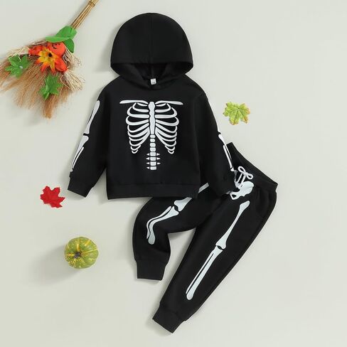 JeuaPho Kids Halloween Outfit Two Piece Pant Set Pumpkin/Skeleton Print Long Sleeve Hood Sweatshirt Long Pants 2Pcs Set in Saudi Arabia