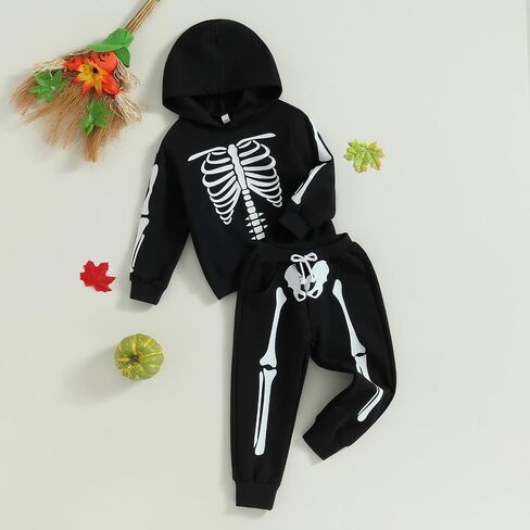 JeuaPho Kids Halloween Outfit Two Piece Pant Set Pumpkin/Skeleton Print Long Sleeve Hood Sweatshirt Long Pants 2Pcs Set in Saudi Arabia