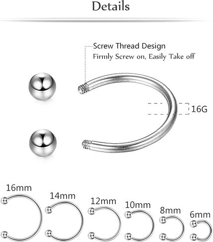 ORAZIO 12Pcs 14-16G Stainless Steel Nose Rings Septum Piercing Cartilage Horseshoe Earring Body Piercing 6MM-16MM in Kuwait