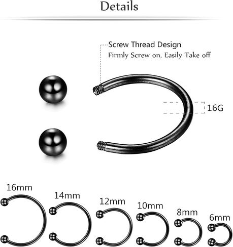 ORAZIO 12Pcs 14-16G Stainless Steel Nose Rings Septum Piercing Cartilage Horseshoe Earring Body Piercing 6MM-16MM in Kuwait