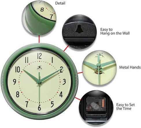 إنفينيتي إنسترومنتس المحدودة. الرجعية 15 بوصة الاجتياح الصامت غير موقوتة منتصف القرن الحديثة المطبخ العشاء ساعة الحائط حركة الكوارتز الرجعية ساعة الحائط الزخرفية (الأخضر) in Kuwait