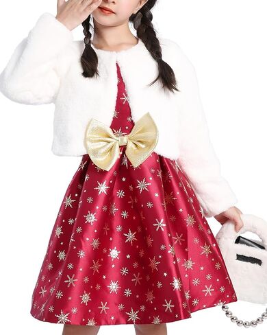 Topophilia Girls A-line Wedding Party Dresses-Kids Princess Dress with White Faux Fur Jacket for Christmas,Birthday,Holiday in Saudi Arabia