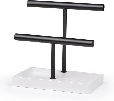 حامل أسوارة منظم لعرض المجوهرات من SZQINJI، قاعدة من الخشب الصلب مع شريط معدني على شكل حرف T من طبقتين لتعليق سوار المعصم وقلادة الساعة، أبيض in Kuwait