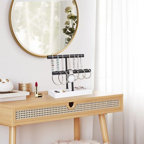 حامل أسوارة منظم لعرض المجوهرات من SZQINJI، قاعدة من الخشب الصلب مع شريط معدني على شكل حرف T من طبقتين لتعليق سوار المعصم وقلادة الساعة، أبيض in Kuwait