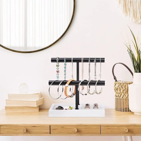 حامل أسوارة منظم لعرض المجوهرات من SZQINJI، قاعدة من الخشب الصلب مع شريط معدني على شكل حرف T من طبقتين لتعليق سوار المعصم وقلادة الساعة، أبيض in Kuwait