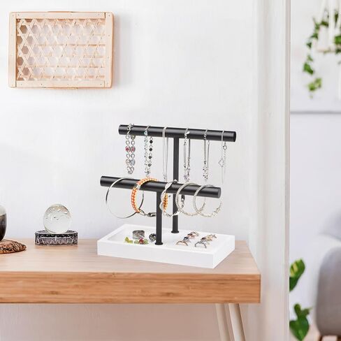 حامل أسوارة منظم لعرض المجوهرات من SZQINJI، قاعدة من الخشب الصلب مع شريط معدني على شكل حرف T من طبقتين لتعليق سوار المعصم وقلادة الساعة، أبيض in Kuwait