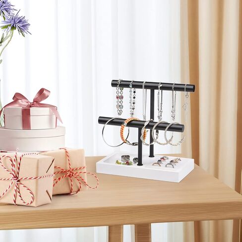 حامل أسوارة منظم لعرض المجوهرات من SZQINJI، قاعدة من الخشب الصلب مع شريط معدني على شكل حرف T من طبقتين لتعليق سوار المعصم وقلادة الساعة، أبيض in Kuwait