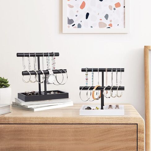 حامل أسوارة منظم لعرض المجوهرات من SZQINJI، قاعدة من الخشب الصلب مع شريط معدني على شكل حرف T من طبقتين لتعليق سوار المعصم وقلادة الساعة، أبيض in Kuwait