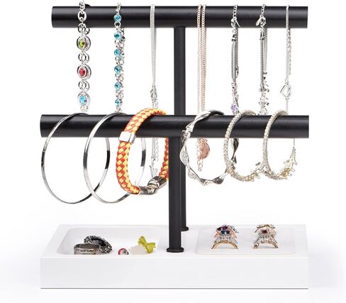 حامل أسوارة منظم لعرض المجوهرات من SZQINJI، قاعدة من الخشب الصلب مع شريط معدني على شكل حرف T من طبقتين لتعليق سوار المعصم وقلادة الساعة، أبيض in Kuwait