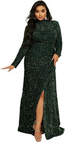 Lin Lin Q Women’s Plus Formal Turtleneck Neck Sequin Prom Maxi Gown, Bodycon Long Sleeve Split Evening Dress in Saudi Arabia