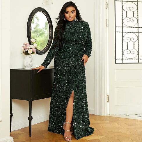 Lin Lin Q Women’s Plus Formal Turtleneck Neck Sequin Prom Maxi Gown, Bodycon Long Sleeve Split Evening Dress in Saudi Arabia
