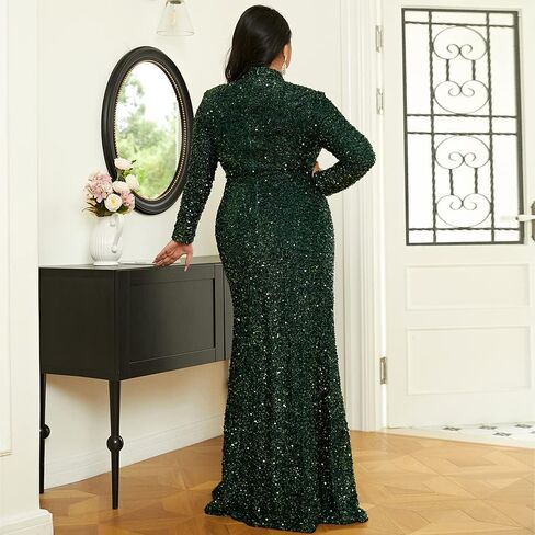 Lin Lin Q Women’s Plus Formal Turtleneck Neck Sequin Prom Maxi Gown, Bodycon Long Sleeve Split Evening Dress in Saudi Arabia