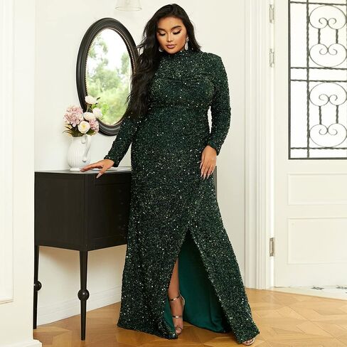 Lin Lin Q Women’s Plus Formal Turtleneck Neck Sequin Prom Maxi Gown, Bodycon Long Sleeve Split Evening Dress in Saudi Arabia