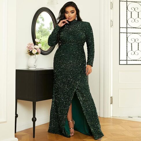 Lin Lin Q Women’s Plus Formal Turtleneck Neck Sequin Prom Maxi Gown, Bodycon Long Sleeve Split Evening Dress in Saudi Arabia