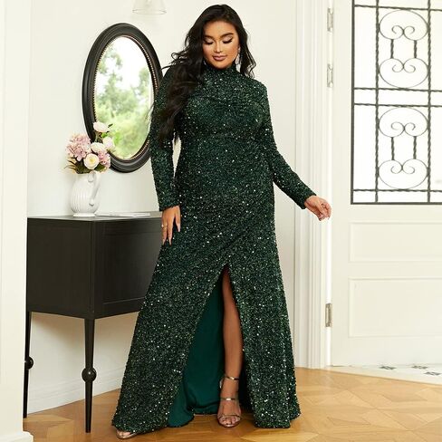 Lin Lin Q Women’s Plus Formal Turtleneck Neck Sequin Prom Maxi Gown, Bodycon Long Sleeve Split Evening Dress in Saudi Arabia