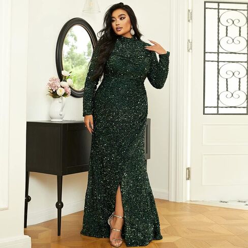 Lin Lin Q Women’s Plus Formal Turtleneck Neck Sequin Prom Maxi Gown, Bodycon Long Sleeve Split Evening Dress in Saudi Arabia